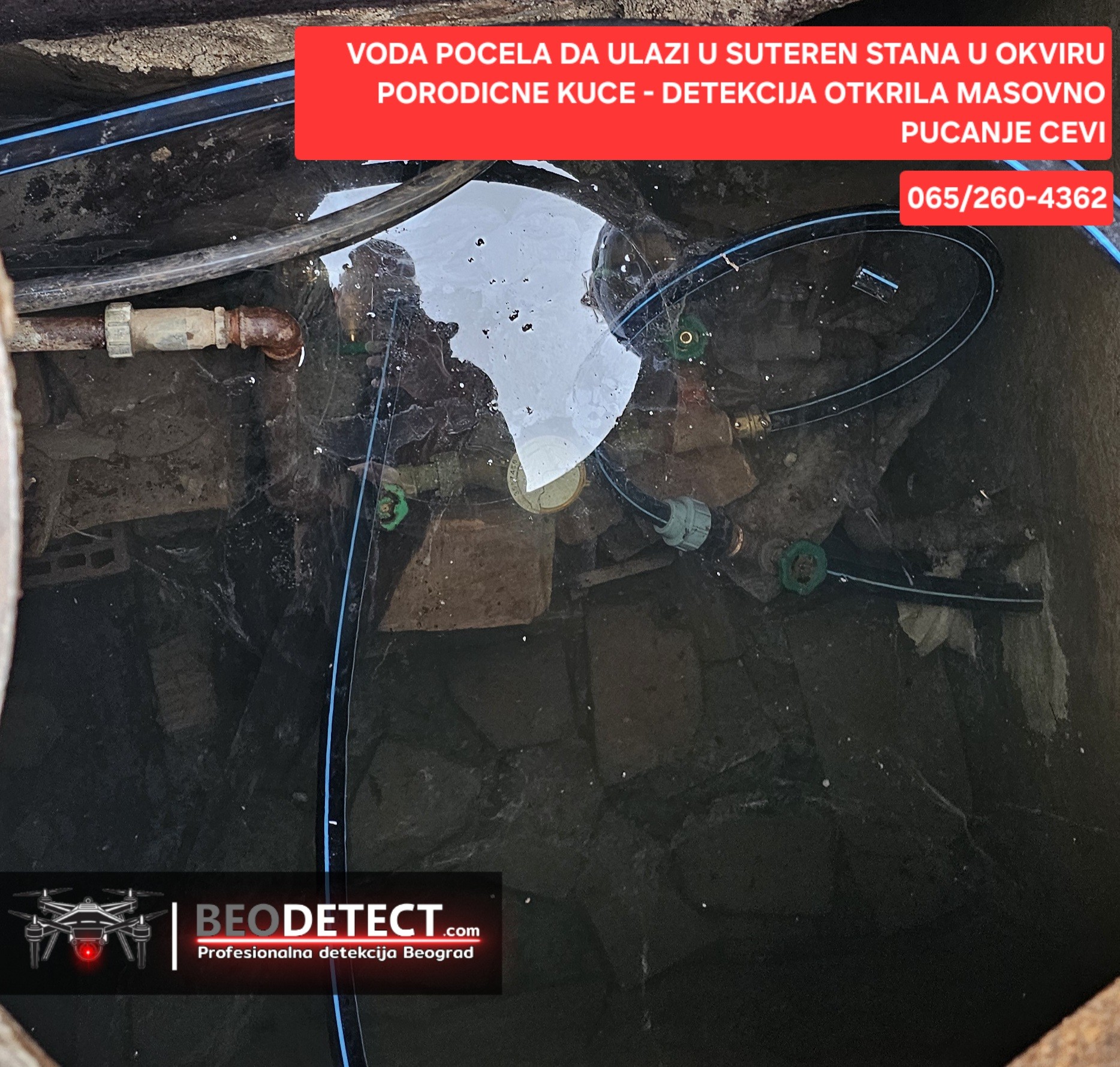 Bacili smo se na posao ispitivanja sistema dosli do sahte i imali sta da vidimo. Cela sahta je bila puna vode voda je nadirala kroz zemlju sa svih strana a pre toga je pocela da natapa suteren. Nazalost nije bilo mogucnosti da se pridje da se zavrne voda u sahti koliko je vode bilo i bilo je napolju hladno. Nasi prijatelji koji imaju profesionalne pumpe za izvlacenje vode su izasli na teren i poceli sa ispumpavanjem vode. Uspeli smo da izvucemo vodu i zavrnemo cev prema komsiji da bi spasili stan u suterenu.